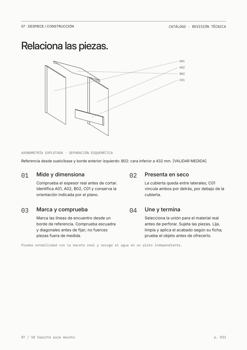 Página de piezas y montaje de un proyecto de carpintería
